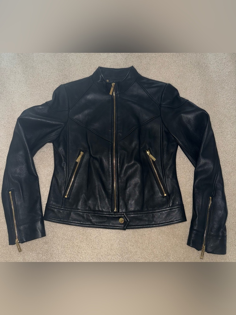 Michael Kors Black Leather Moto Jacket with Gold Hardware S